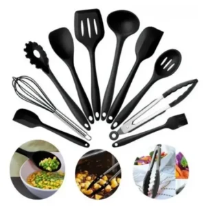 Jogo Kit 10 Utensílios Silicone Preto Cozinha Colher Pegador Concha Espátula Pincel - Iddeale