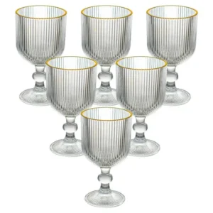 Jogo de Taças de Vidro Graffiato Fio de Ouro Canelado 380ml 6 peças